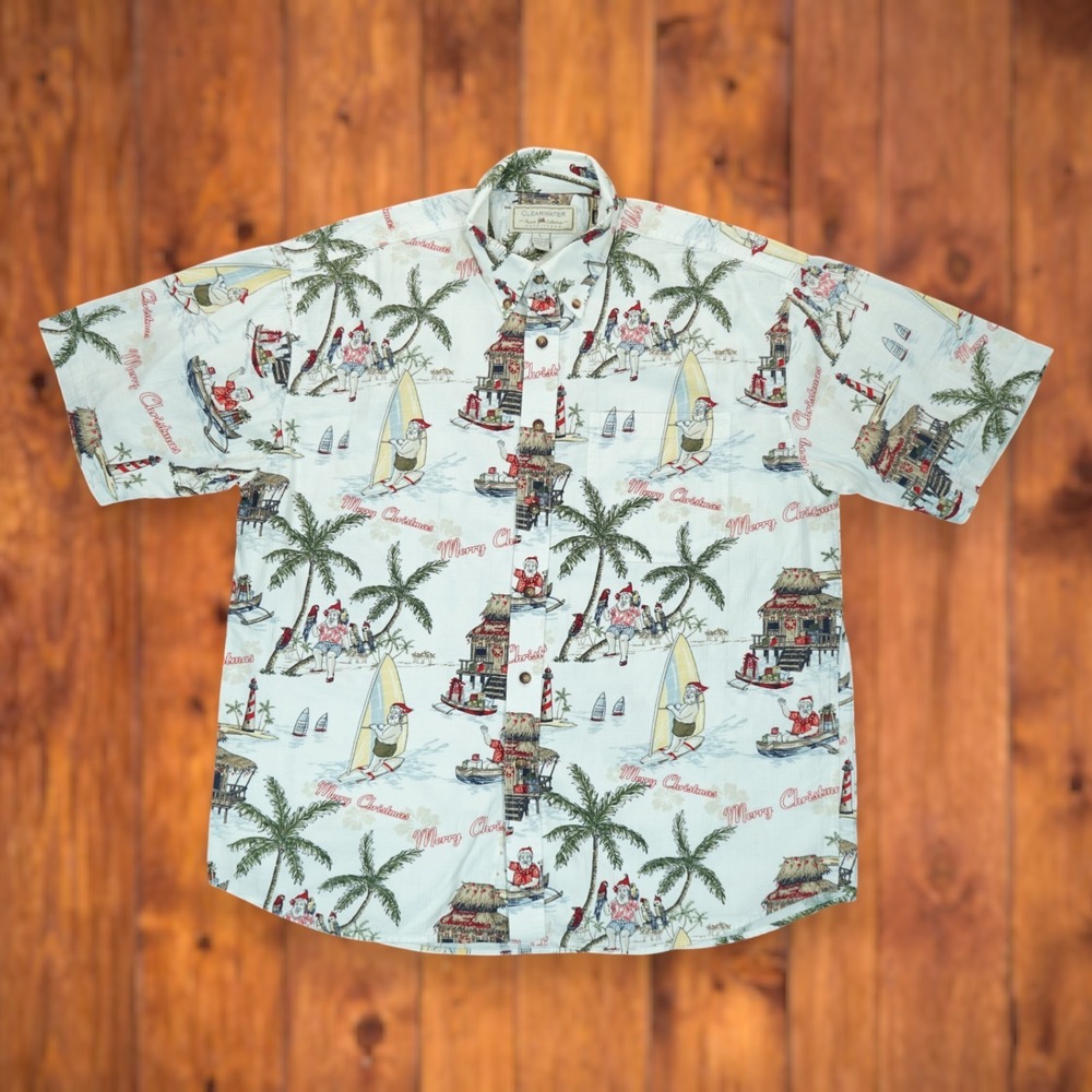 Clearwater Mens Santa Print Button Shirt Short Sleeve Large Nautical Vacation‎